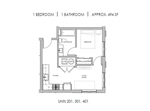 Floor plan for 1 bed, 1 bath, 618 sqft